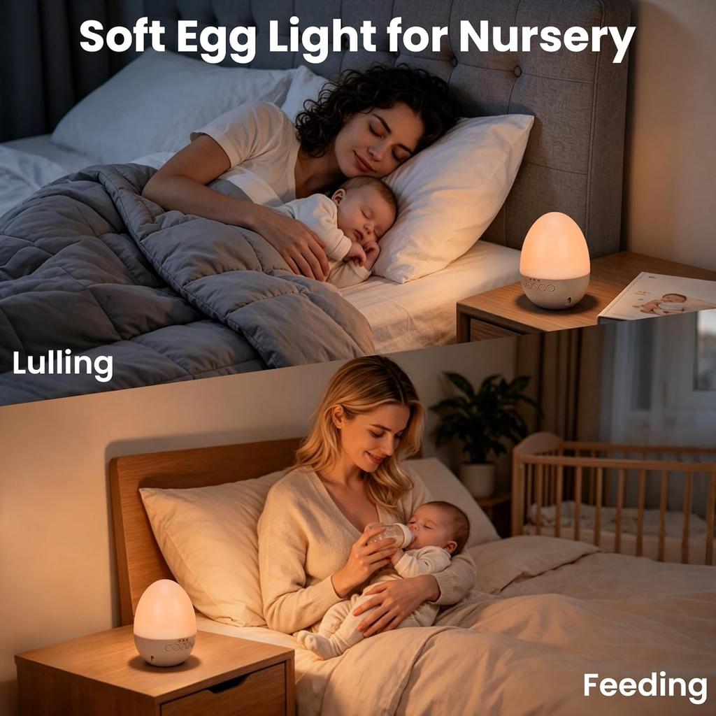 Ei-Licht für Kinderzimmer, Ei-Nachtlicht mit 30 Geräuschkulissen, 30/60/90 Min. Timer, BPA-frei, Wiederaufladbares Kinderzimmer-Nachtlicht mit 2 Lichteffekten