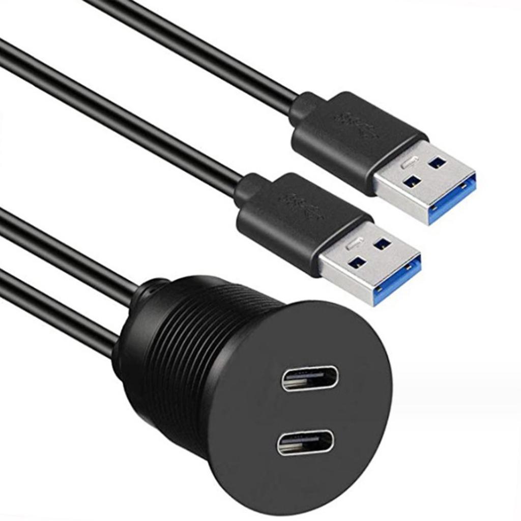 Double USB 3.0 To Double Type C Chargers for Multiple Devices Waterproof Extension Cable Panel Mount for Secure Vehicle Use