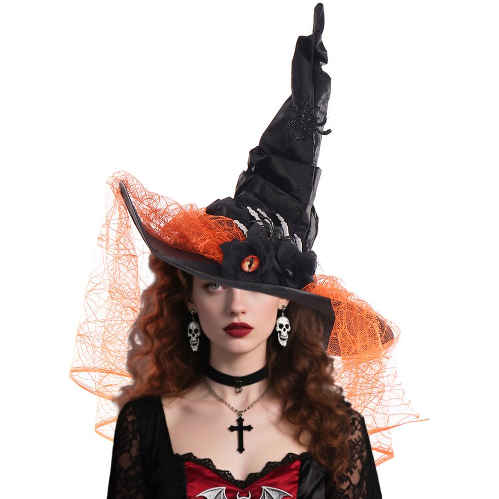 

Halloween Witches Hat Lace Wide Brim Pointed Headdress Halloween Spider Adult Witch Hat For Prom Masquerade Event Party Decors