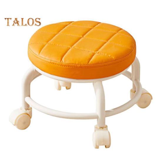 Nízká rolovací stolička s otočnými koly o 360 stupňů Polstrované sedátko z umělé kůže s kovovými nohami Robustní otočná sedací stolička