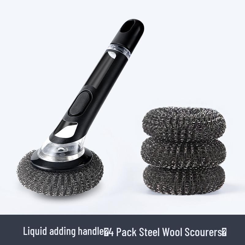 Long Handle Dishwashing Brush with Automatic Liquid Dispensing, Sponge, and Steel Wire for Pot Cleaning
