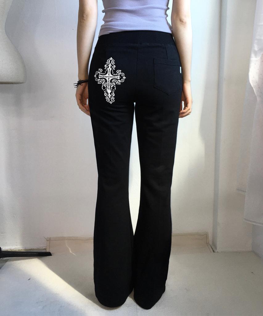 ESCAPEFROM Big Vintage Cross Print Bootcut Sweatpants Black