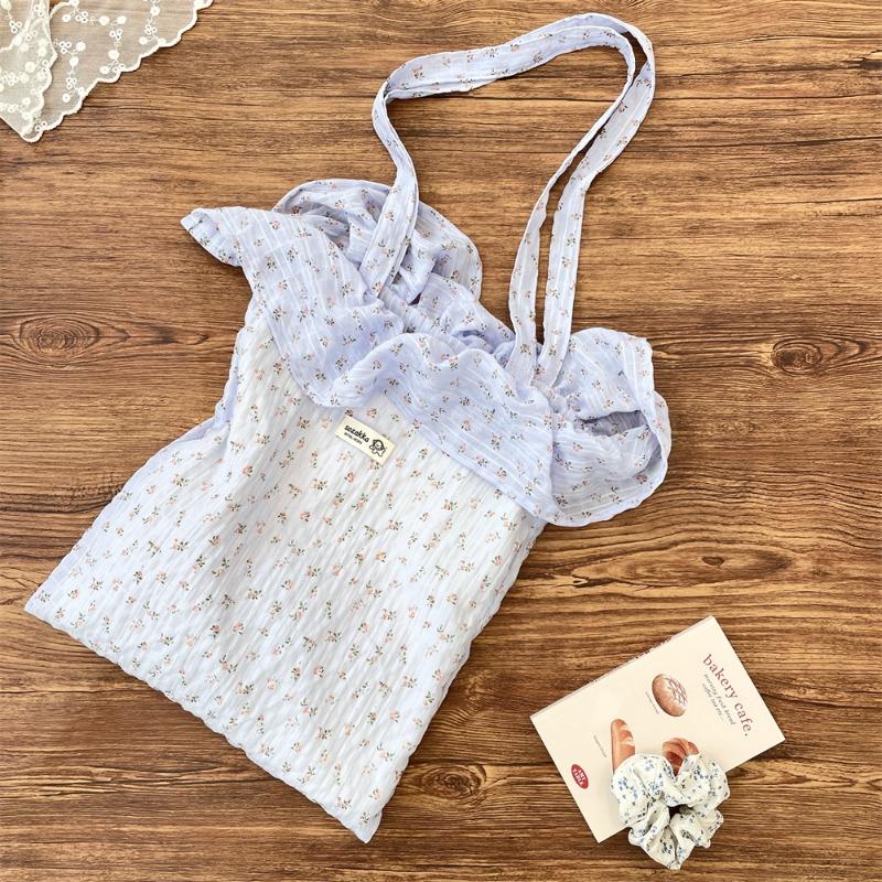 22 Fresh and Sweet Floral Lotus Leaf Edge Shoulder Bag Large Capacity Student Class Bag Fashionable Chiffon Tote Bag