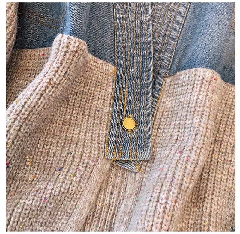 Women's Vintage Denim Patchwork Sweater Coat Woman Autumn and Winter Thickened Loose Cardigan