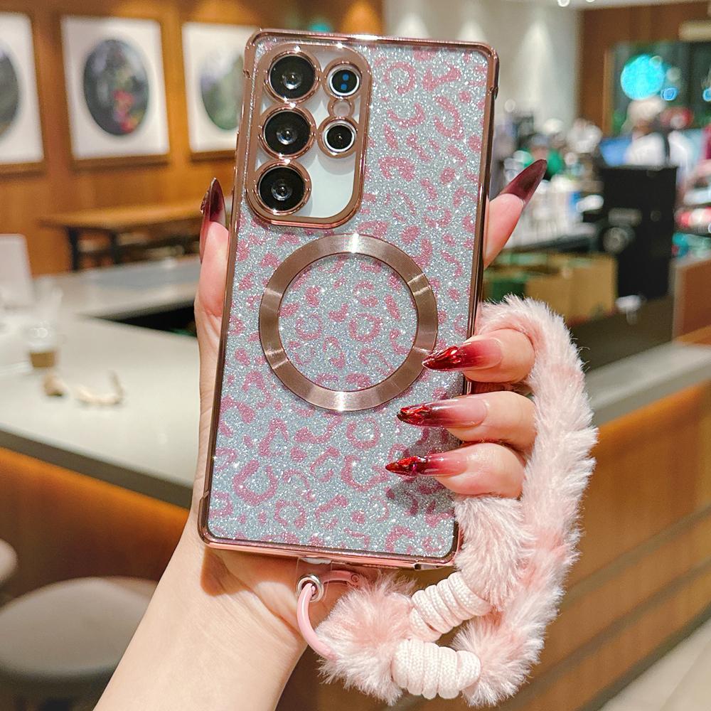 KEYSION Glitter Leopard Print Magnetic Phone Case for Samsung Galaxy S21 S22 S23 S24 S25 S26 Ultra S26+ S25 FE With Plush Lanyard Shockproof Cover