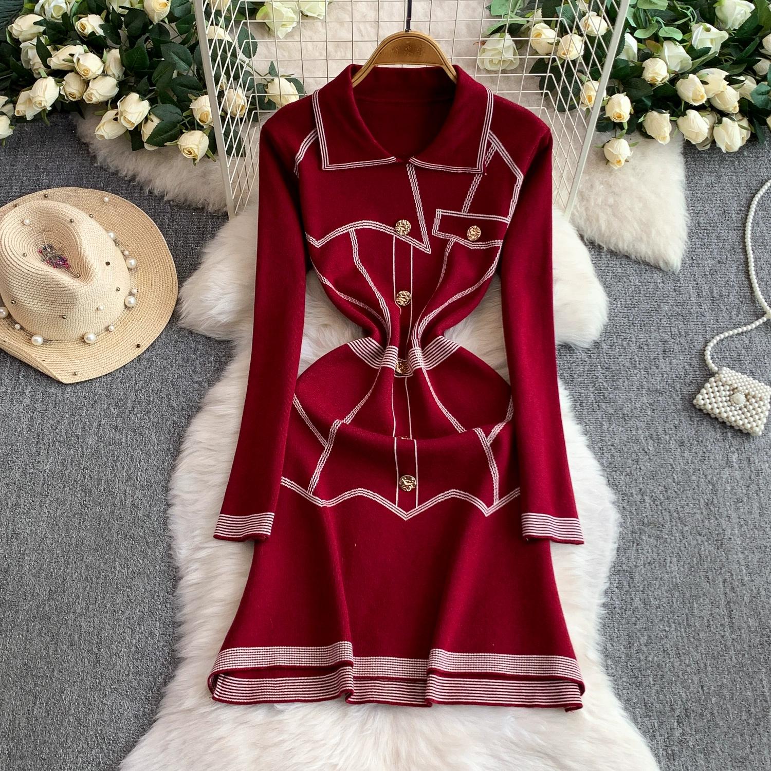 

Осень Зима Женский Элегантный Трикотажный Свитер в Полоску с Отложным Воротником Мини Короткий Пуловер Вечерние Платья One Size темно-красного