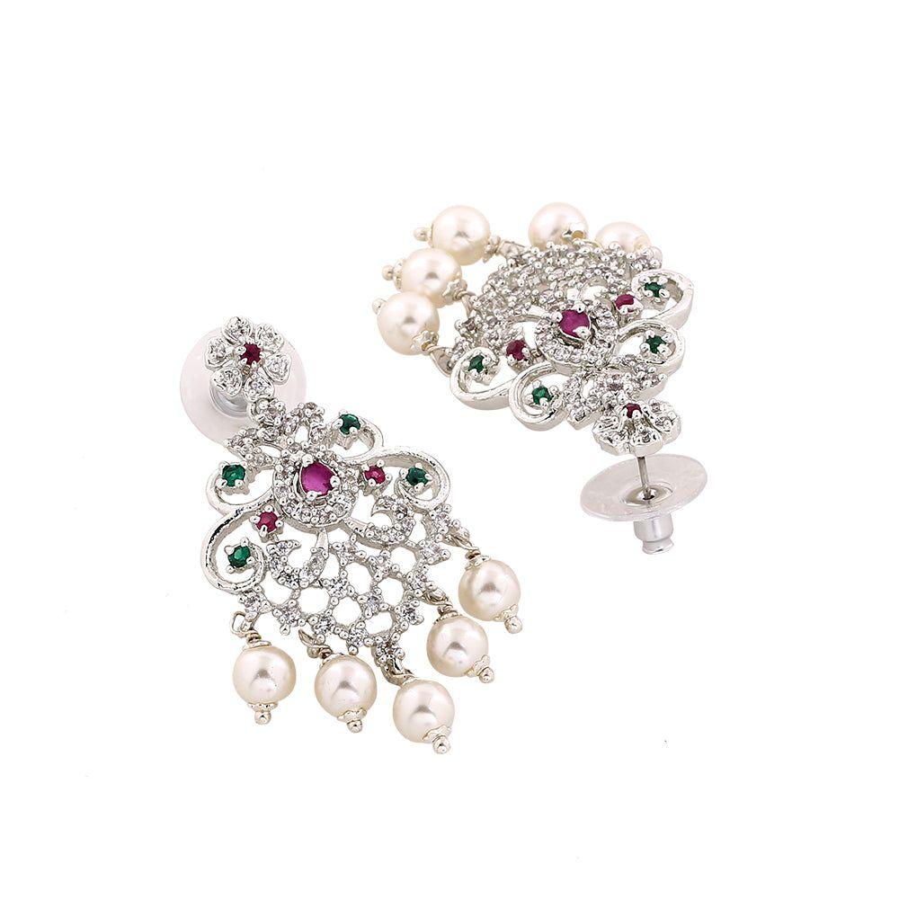 Estele Women's Earrings with Rhodium Plated CZ Manbhavan, Pearls and Multicolor Crystals