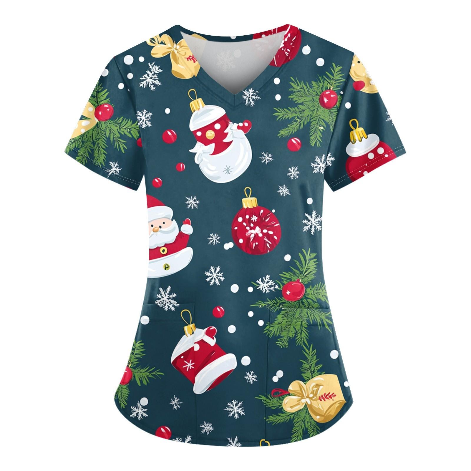 

Женский свободный облегающий топ с принтом рождественского снеговика и V-образным вырезом, короткими рукавами и карманами S тёмно-синий