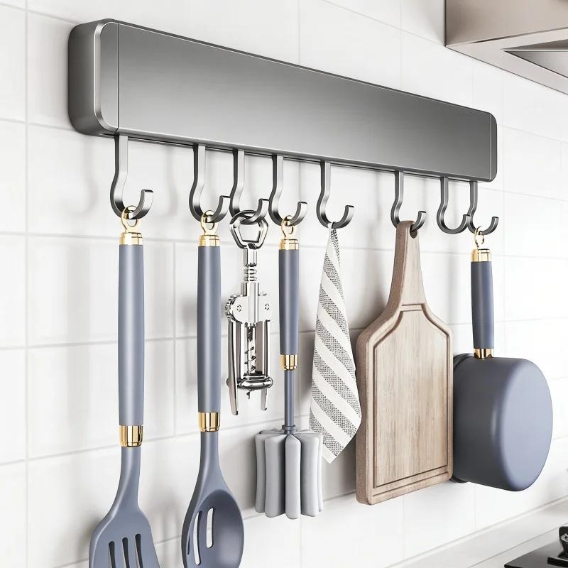 Kitchen Utensil Storage Organizer Non-perforated Wall Rack Movable Hook Spoon Holder Household Kitchen Mounted Arrangement Shelf