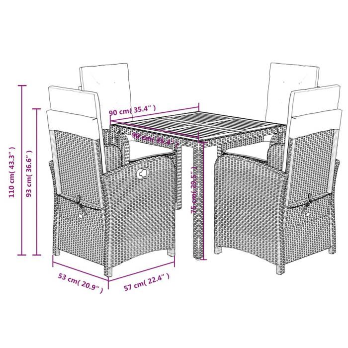 VidaXL Ensemble à Manger de Jardin avec Coussins 5 pcs, Table et Chaises avec Dossier Réglable, Meubles d'Extérieur Patio 3212222