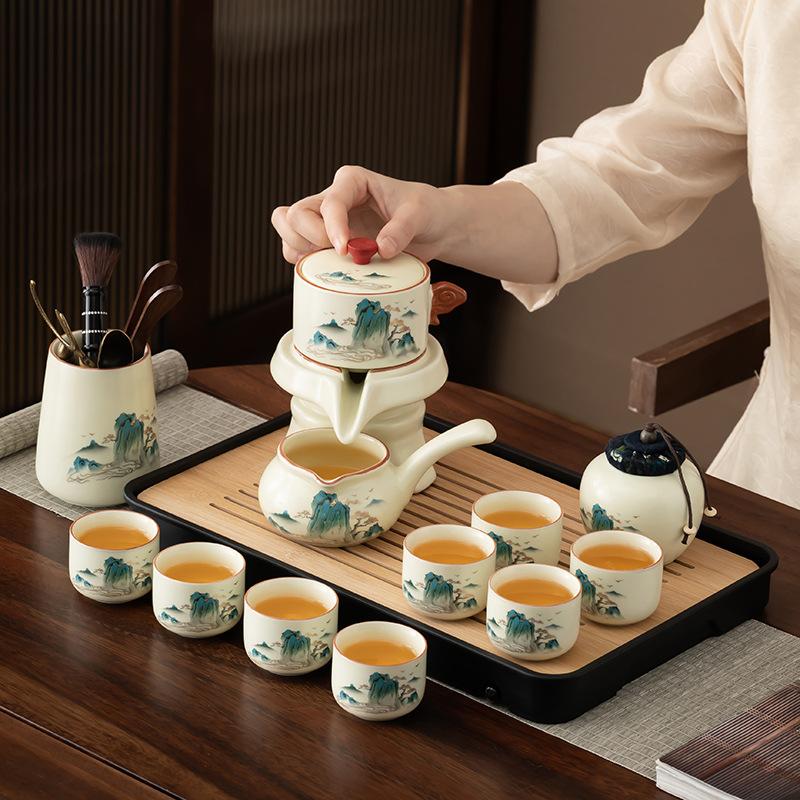 Ru kiln automatic tea set household high-end lazy tea light luxury ceramic stone grinding kung fu teapot teacup tea tray