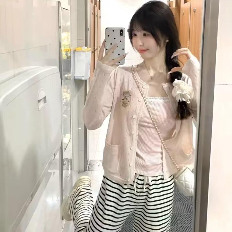 Pockets Women Cardigan Button Sweet Slim Hollow Out Spring Tender Temper Korean Style Long Sleeve Fashion Y2k Aesthetic Fairy