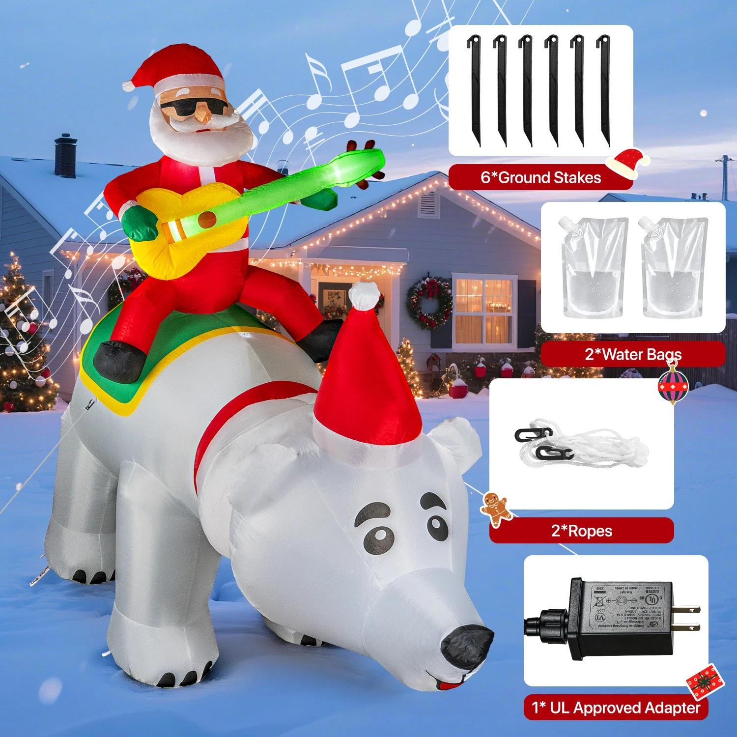 

7FT Santa Claus Inflatable Decoration LED Lights Santa Riding Bear Shaking Head Blow Up Model With Music Recording Xmas Party