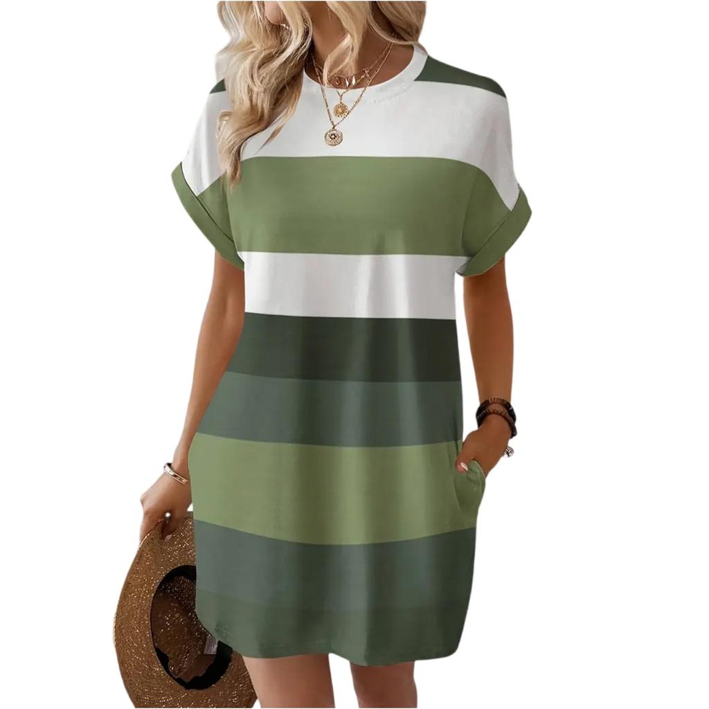 Vestido Jersey Casual de Moda para Mujer con Cuello Redondo de Color Contrastante de Seda de Leche
