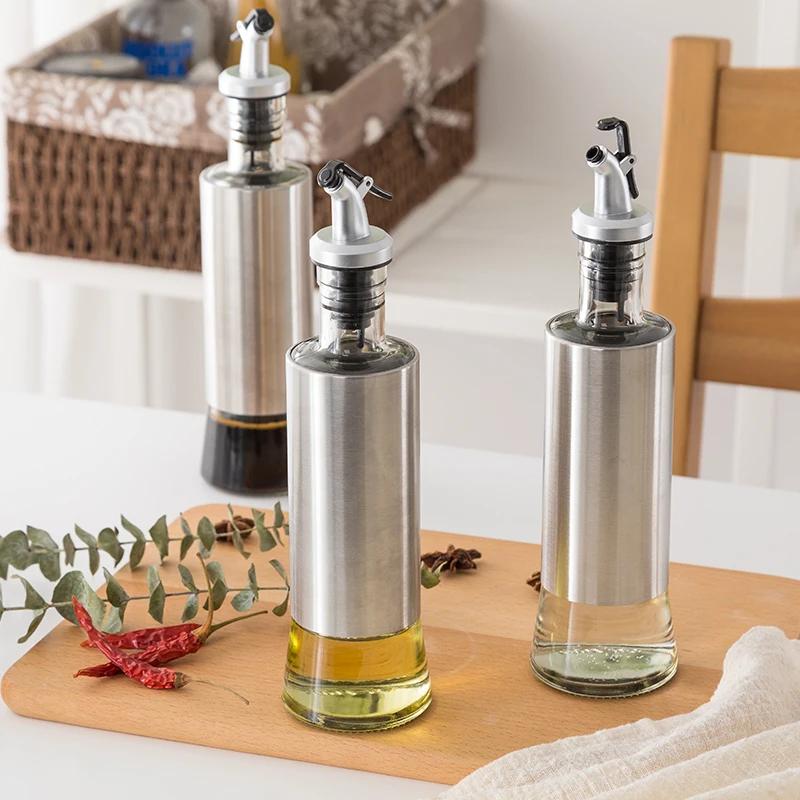 Stainless Steel+Glass Oil Bottle Gravy Boats,Leak-proof Soy Sauce Vinegar Cruet Storage Bottle Dispenser,Kitchen Cooking Tools