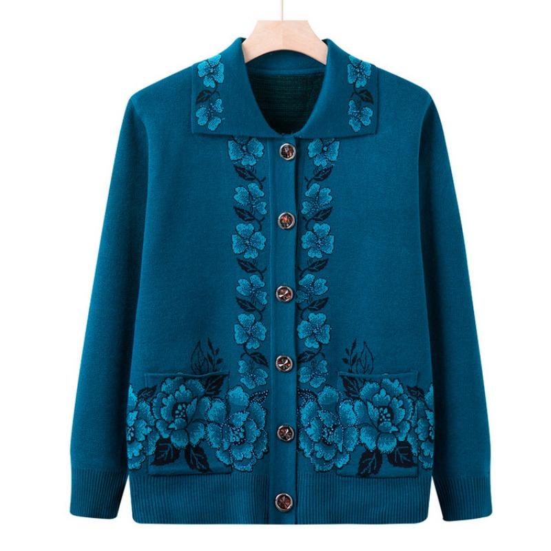 Pulover de toamnă pentru mamă, jachetă, cardigan tricotat pentru soacra, haine pentru doamne în vârstă, cu guler, haine de iarnă, pulover pentru doamne în vârstă