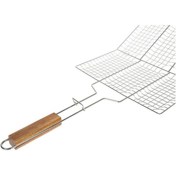 Grille de Barbecue Double Quadrillé Inox Poignée Bois Argent 22 x 34 cm GRILLE DE BARBECUE