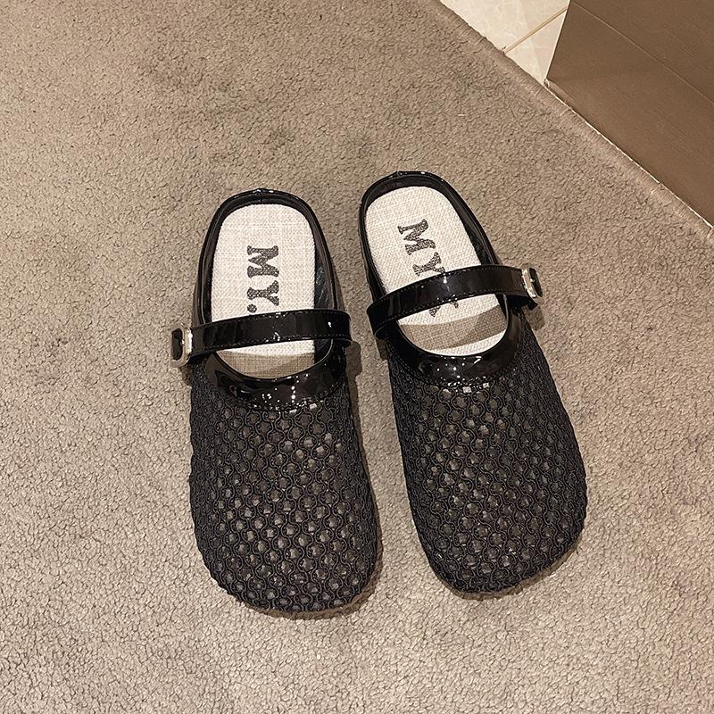 Korean Version Mesh Hollow Slippers Female Summer 2025 New Fairy Style Temperament Shallow Mouth Flat Bottom Sandals Fishing Net Shoes