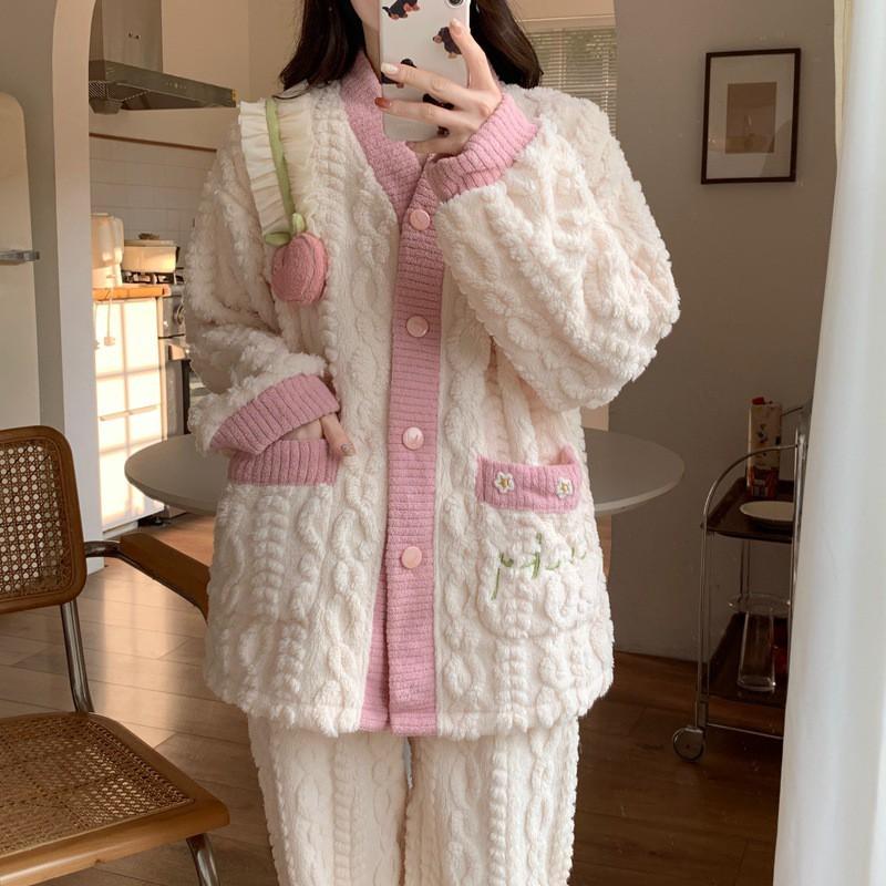 Soft Coral Fleece Pajama Set Women Winter Warm Thick Long Sleeve Lounge Wear Outfit