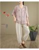 Women's V-Neck Cotton & Linen Embroidered Shirt with 5-Point Sleeves - New Chinese Style, Loose Fit, Versatile for Summer.