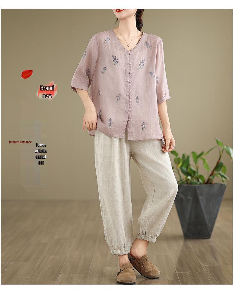 Women's V-Neck Cotton & Linen Embroidered Shirt with 5-Point Sleeves - New Chinese Style, Loose Fit, Versatile for Summer.