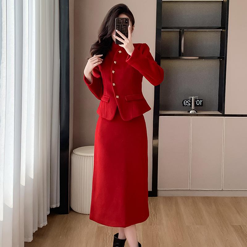 

Новогоднее платье, Красное платье для тоста, Наряд для помолвки Двустороннее шерстяное, Костюм-двойка с легким ароматом для гостя в обычное время. XL красный