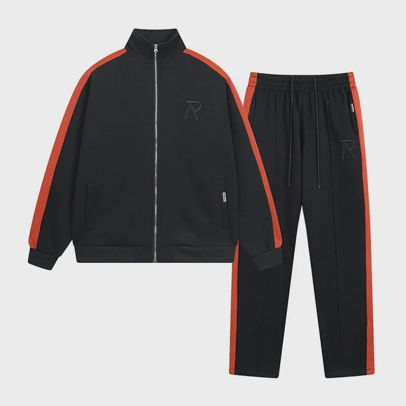 Men's Autumn/Winter Embroidered Casual Sports Suit with Stand-Up Collar and Zipper Cardigan.