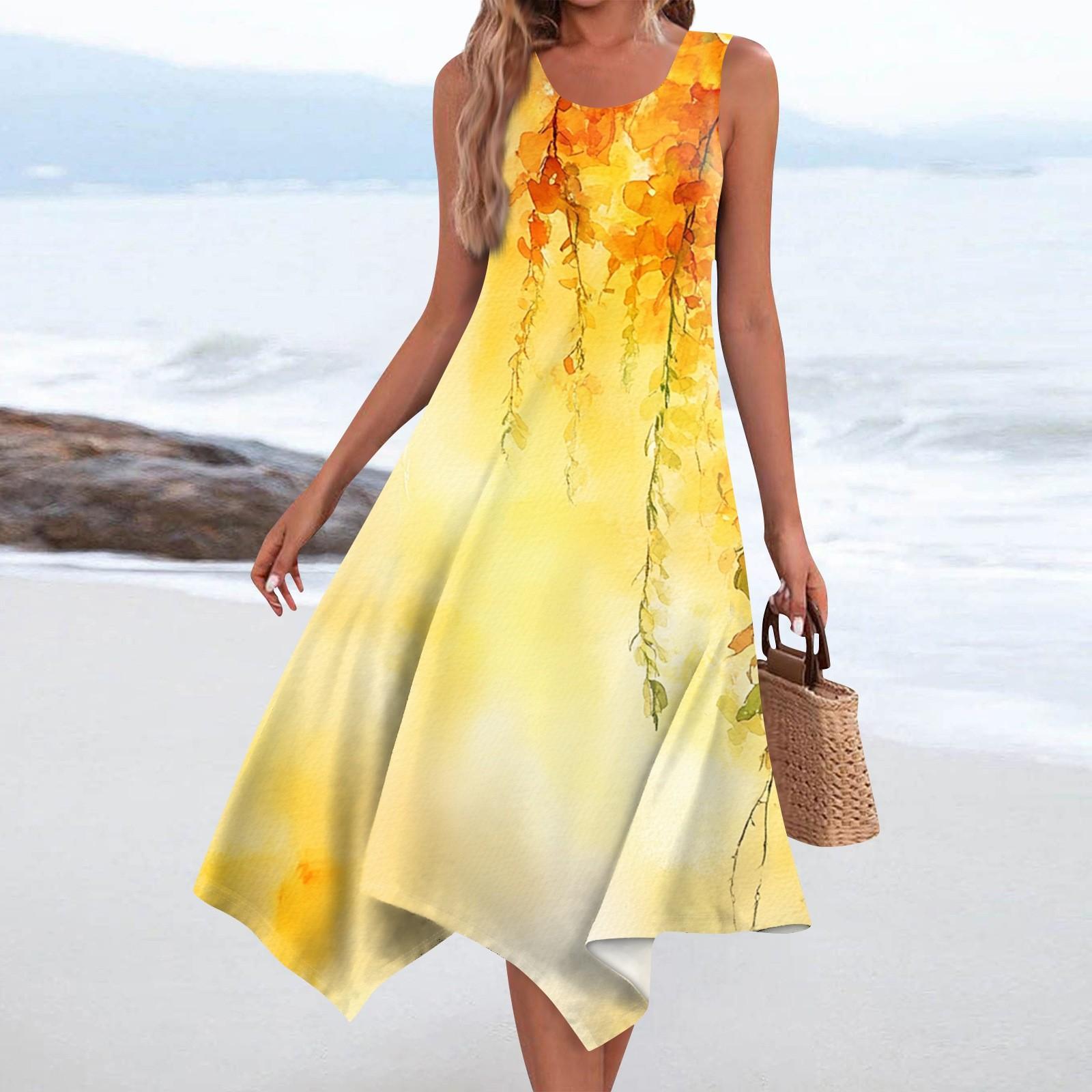 

Женское повседневное модное платье средней длины с круглым вырезом без рукавов с винтажным цветочным принтом и неровным подолом XL жёлтый