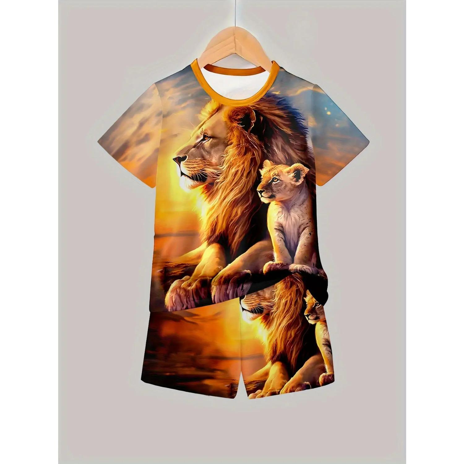 

Boys 3D Lion Printed Casual Set - Bright Cuff T-shirt and Shorts Combination, Casual Headset 5-6 Years