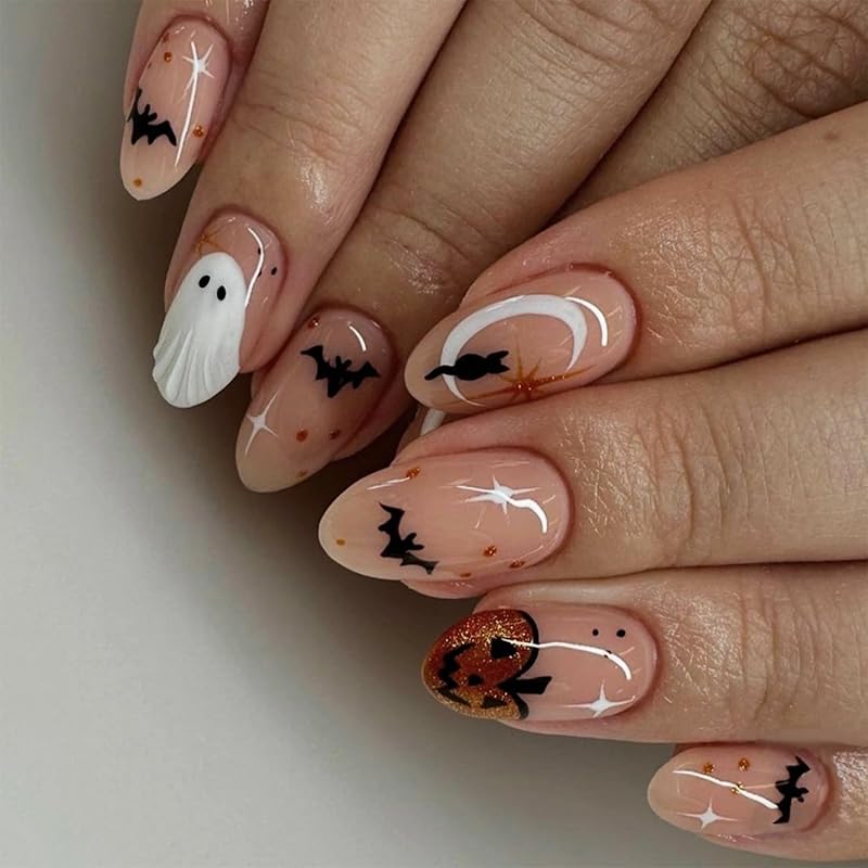 24pcs Halloween Press On Nails Short Oval Bat Fake Nails with Spider Skull Pumpkin Spider Web Designs Ghost False Nail Halloween Acrylic Nail Kit