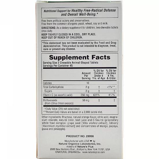 Nature's Plus- Source of Life, Animal Parade, Vitamin C, Children's Chewable Supplement, Natural Orange Juice Flavor, 90 Animals