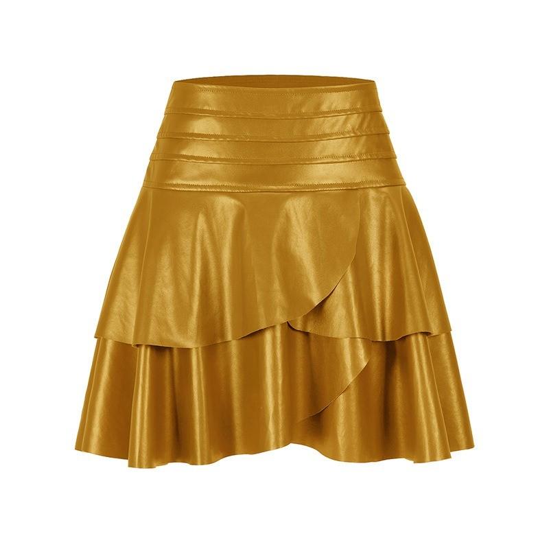 Qooth Elegant Women A Line Irregular PU Pleated Skirt Slim Mini Length Zipper Waist Casual Skirt QT2740