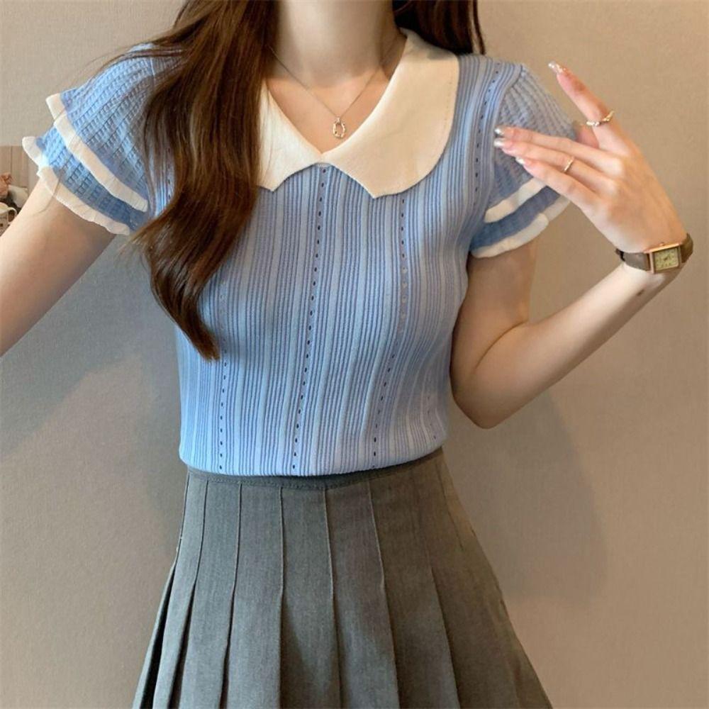 Hollow Knitted Slim Crop Tops Patchwork Short Sleeve T-shirt Doll Collar Knitted Vest Ladies Girls