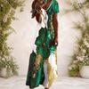 Women Plus Size V Neck Short Sleeve Blue Printed Long Straight Dress