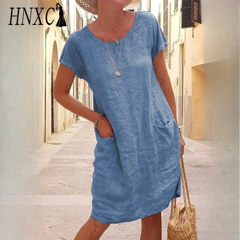 HNXC Women's Fashion Summer Spring Solid Color Print O-Neck High Waist Casual Dresses
