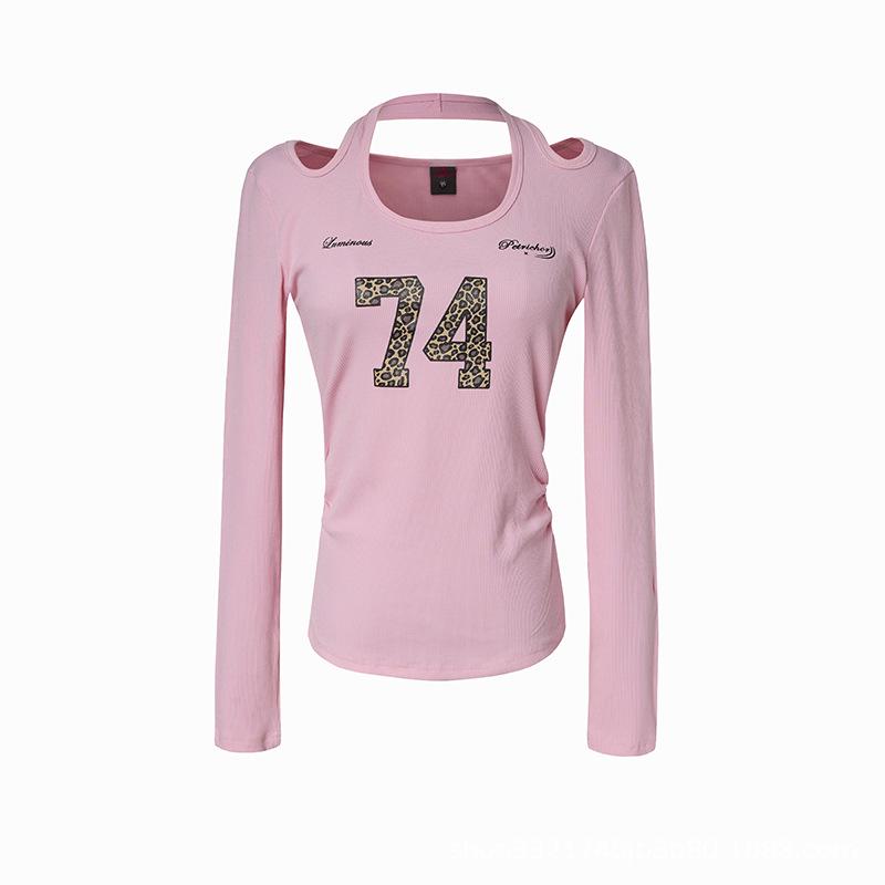 

Leopard Print Sporty Halter Long Sleeve Slim Fit T-Shirt for Women - Spring Collection S розовый