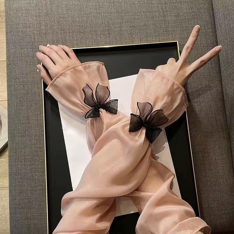Plus Size Women's Quick Drying UV Protected Arm Sleeves; Ice Silk Arm Warmer Gloves with Sunscreen Bow Tie Design.