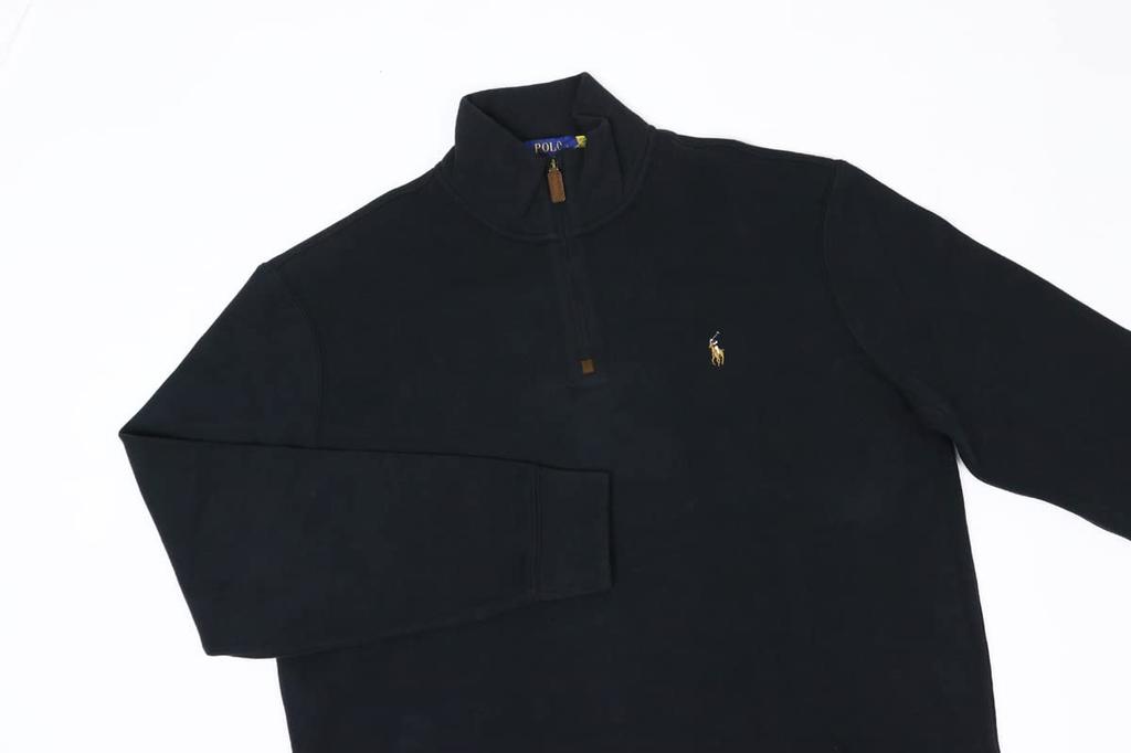Ralph Half Zip Pullover Plain Sweatshirt Leather Pull Pony Embroidery (Polo Lauren) Men's 0102999-XXL-BLACK [Item]