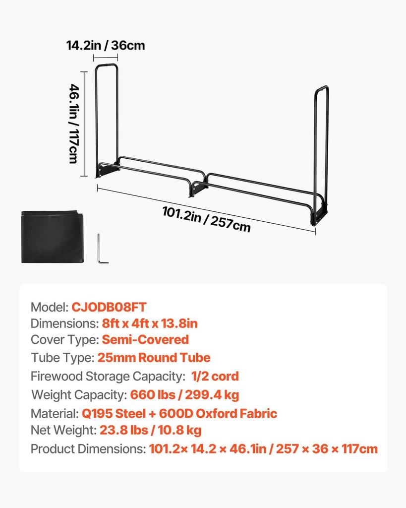 8.5FT Outdoor Firewood Rack with Cover, 102x14.2x46.1 in, Heavy Duty Firewood Holder & 600D Oxford Waterproof Cover for Fireplace, Patio,