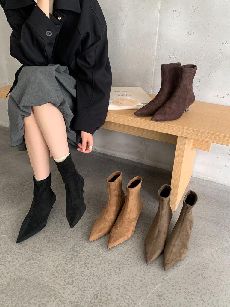 High Heel Pointed Suede Khaki Skinny Boots Short Boots Women's Shoes 2025 New Spring and Autumn Single Boots Korean Small Naked Boots