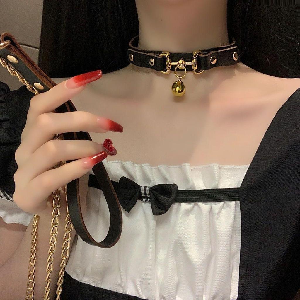 Adjustable Dark Gold Punk Leather Choker Clavicle Chain for Adult Cosplay