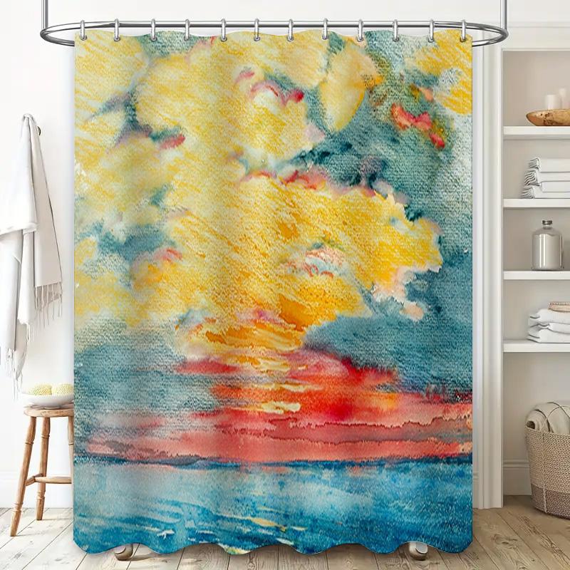 Watercolor Sunburst Shower Curtain Vivid Blue Red Yellow Design for Bathroom Decor