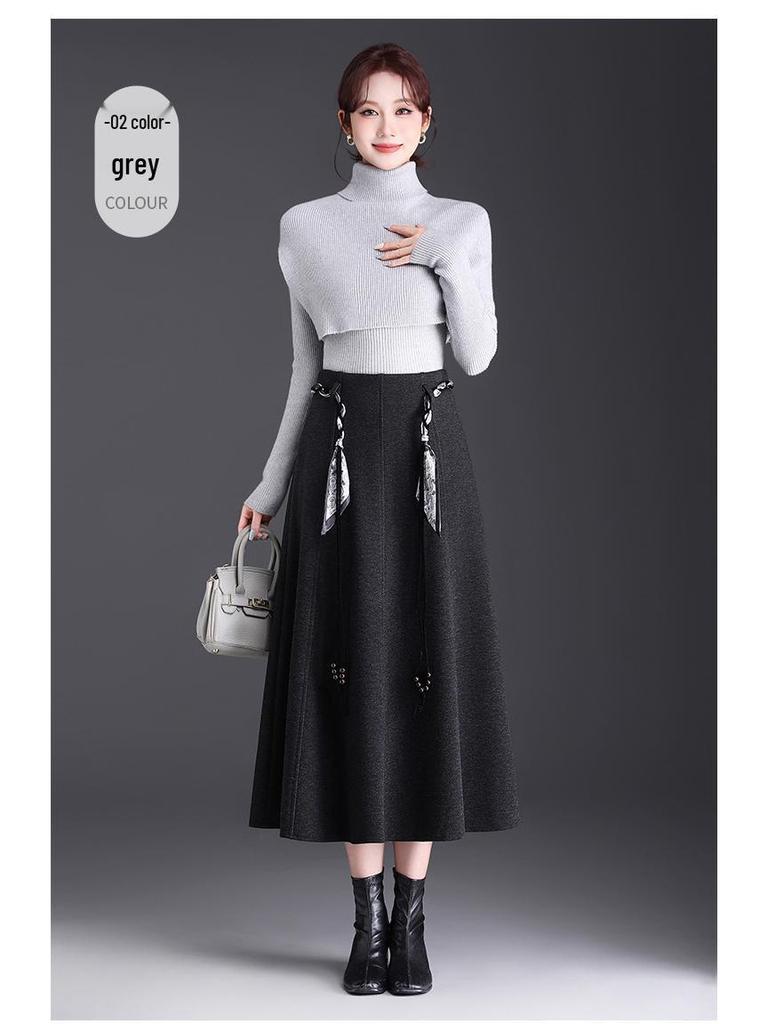 Winter 2025 High-Waisted A-Line Wool Skirt with Thick Hem - Mid-Length Slimming Casual Design