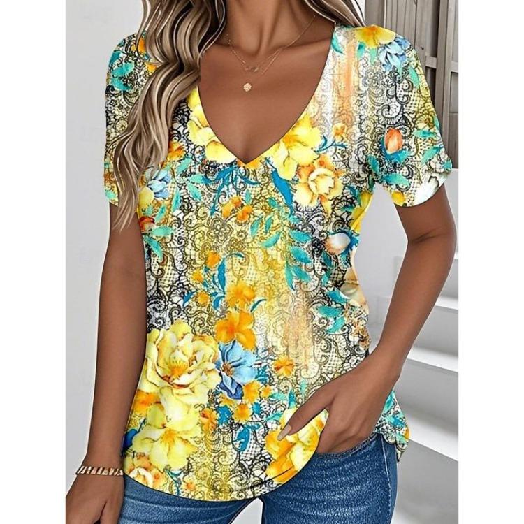 Summer Women Clothing Floral Print V Neck T Shirt Retro Casual Outdoor Blouse Plus Size