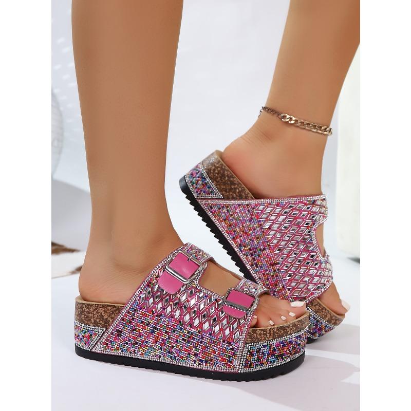 Thick-soled Rhinestone European and American Sandals 2025 Summer Plus Size Belt Buckle Soft-soled Flip-flops Women