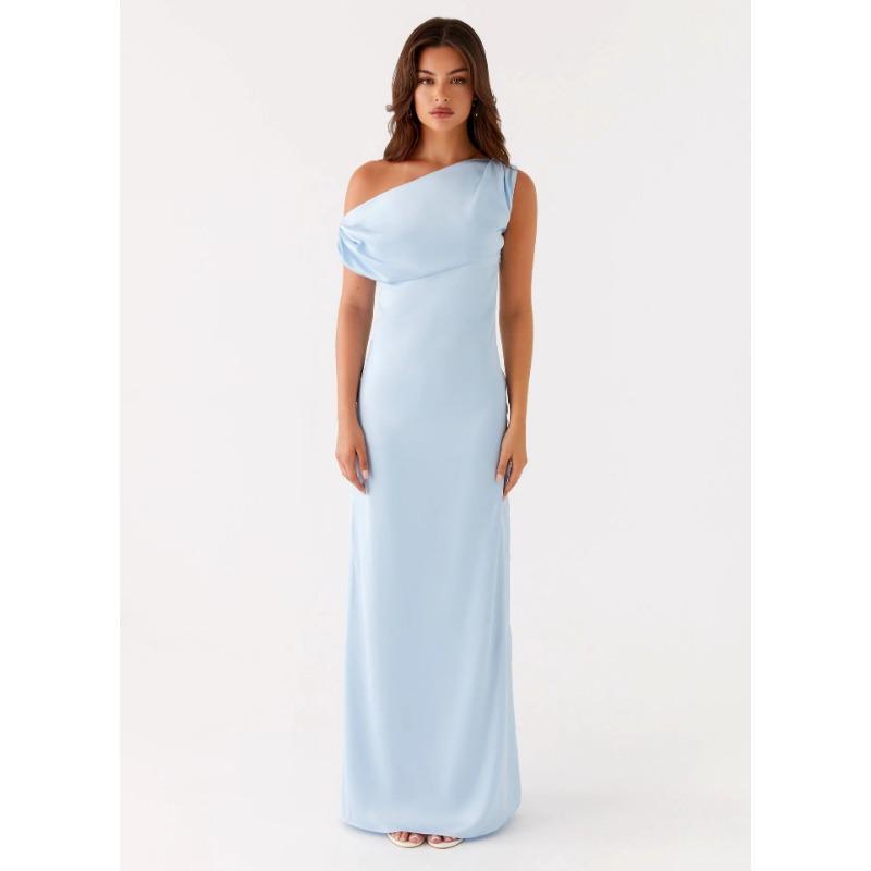 Damen Sommerkleid 2025 Neu Einfarbig Asymmetrisch Schulterfrei Rüschen Lang