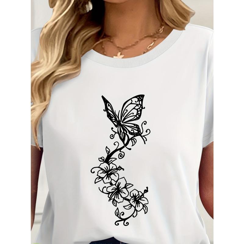 

European sizes Printed Casual Round Neck Short Sleeve T-shirt | Summer Women S Wear, Machine Washable, Regular Length S белый