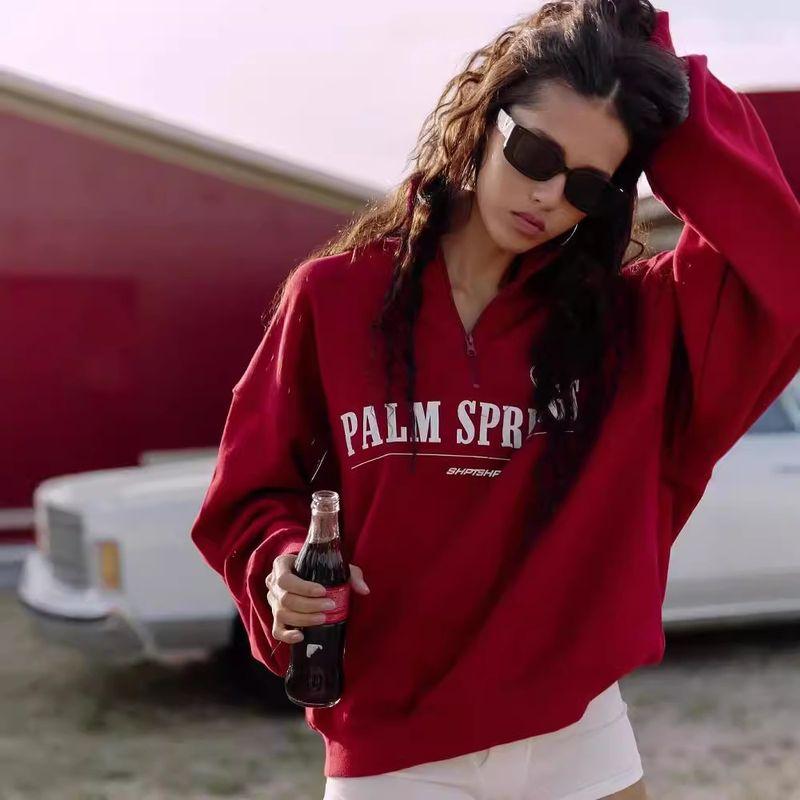 

European and American Loose Fashion Long sleeve Top Letters Print Zip-up Turtleneck Hoodie Women Printed Sweatshirt Red (In Stock) XL