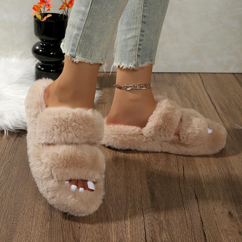 Cozy Plush Faux Fur Slippers with Single Strap and Thick Sole for Indoor Warmth