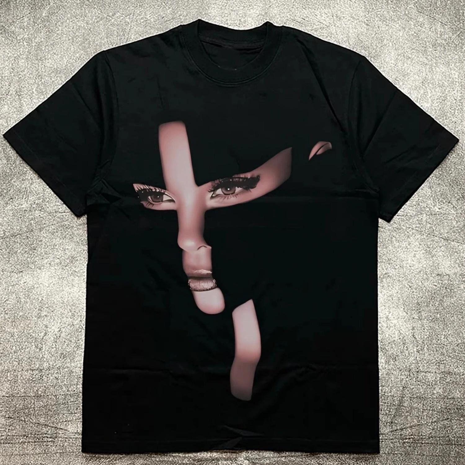 

2025 Summer Hto Sale s Black 200g Cotton T - Shirt - Creative Face Art Heat Transfer Print Round Neck Short Sleeve Tops Tee XXXXXL чорний